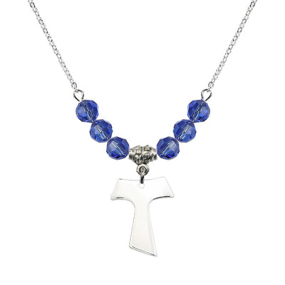 Franciscan Tau Cross Sterling Silver 6mm Crystal Bead Necklace in Sapphire, Medal Measures 3/4 inch tall by 5/8 inch wide, Bliss Manufacturing