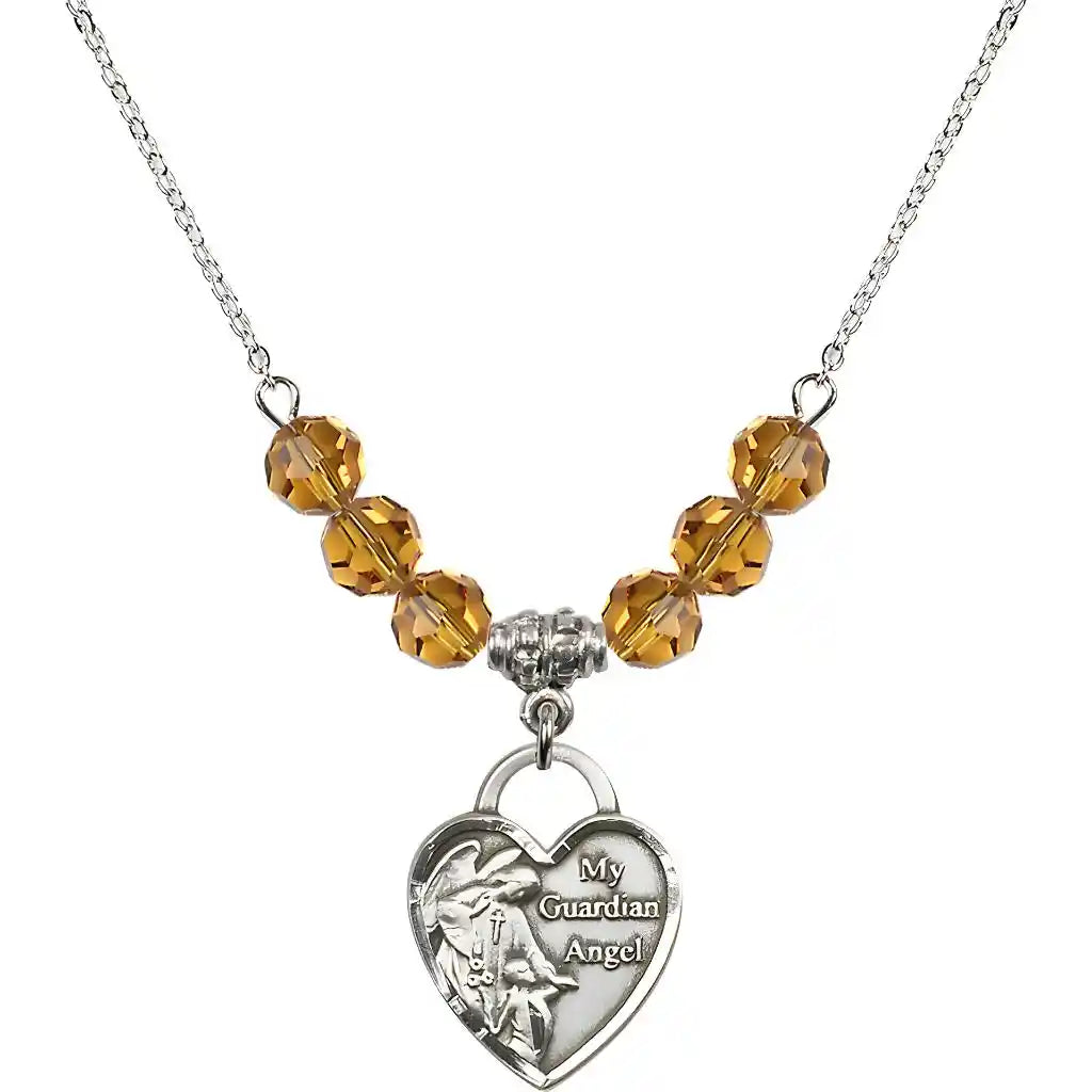 Bliss Heart Shaped Guardian Angel Sterling Silver medal, Birthstone 4mm Austrian Crystal Topaz Beads for November