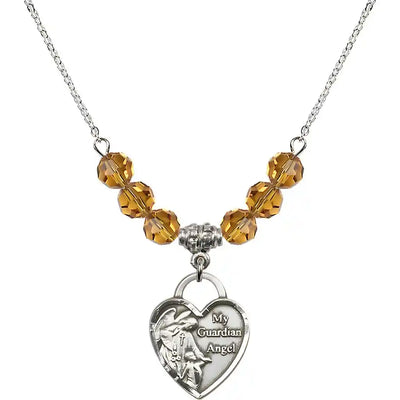 Bliss Heart Shaped Guardian Angel Sterling Silver medal, Birthstone 4mm Austrian Crystal Topaz Beads for November