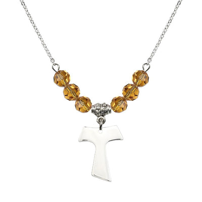 Franciscan Tau Cross Sterling Silver 6mm Crystal Bead Necklace in Topaz, Medal Measures 3/4 inch tall by 5/8 inch wide, Bliss Manufacturing