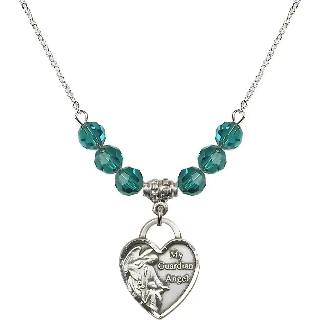 Bliss Heart Shaped Guardian Angel Sterling Silver medal, Birthstone 4mm Austrian Crystal Zircon Beads for December