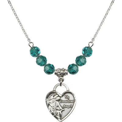 Bliss Heart Shaped Guardian Angel Sterling Silver medal, Birthstone 4mm Austrian Crystal Zircon Beads for December