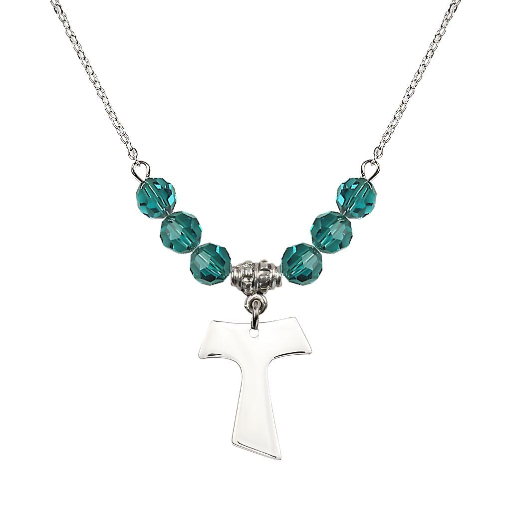 Bliss Franciscan Tau Cross Sterling Silver 6mm Crystal Bead Necklace in Zircon, Medal Measures 3/4 inch tall by 5/8 inch wide