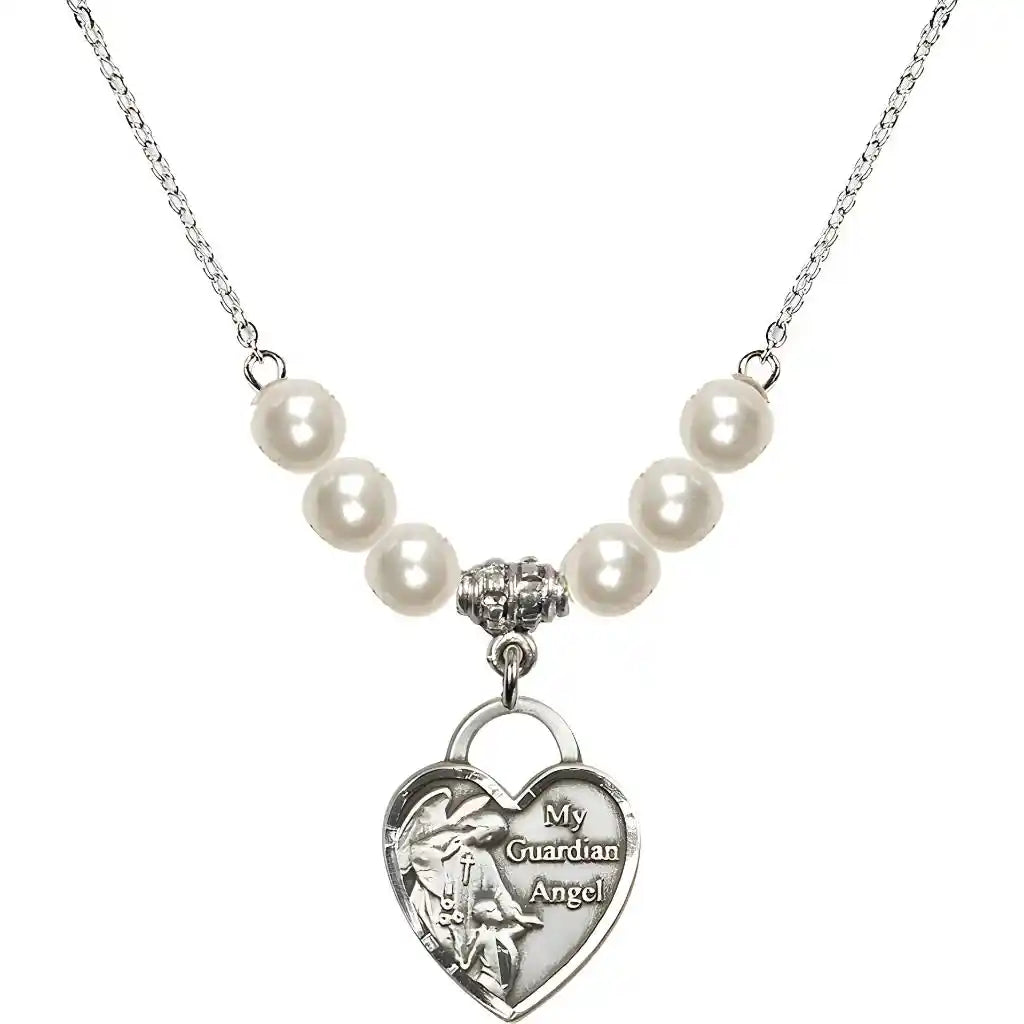Bliss Heart Shaped Guardian Angel Sterling Silver medal, Birthstone 4mm Faux Pearls Beads