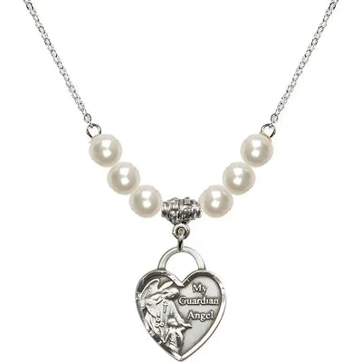 Bliss Heart Shaped Guardian Angel Sterling Silver medal, Birthstone 4mm Faux Pearls Beads