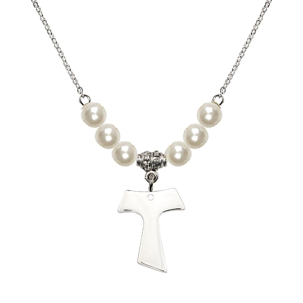 Bliss Franciscan Tau Cross Sterling Silver 6mm Crystal Bead Necklace in Faux Pearl, Medal Measures 3/4 inch tall by 5/8 inch wide