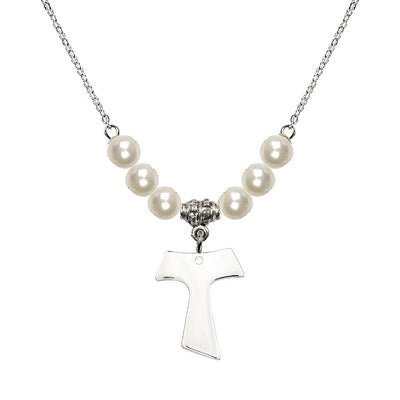 Franciscan Tau Cross Sterling Silver 6mm Crystal Bead Necklace in Faux Pearl, Medal Measures 3/4 inch tall by 5/8 inch wide, Bliss Manufacturing