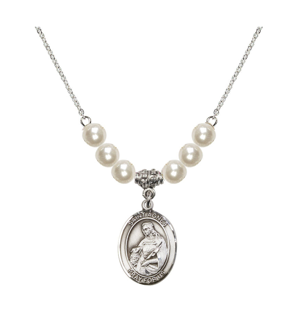  Bliss St Agnes of Rome Sterling Silver 6mm Beaded Necklace in Faux Pearl,