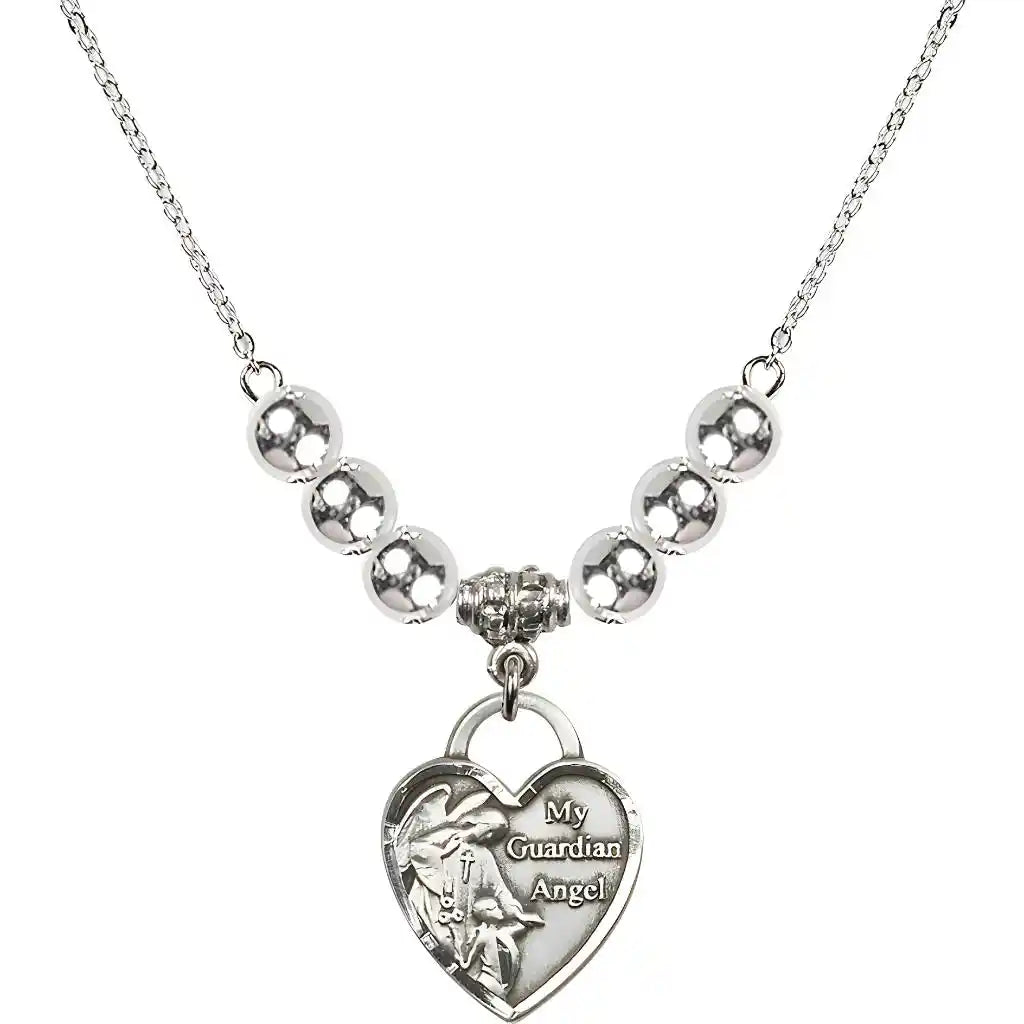 Bliss Heart Shaped Guardian Angel Sterling Silver medal, Birthstone 4mm Sterling Silver Beads