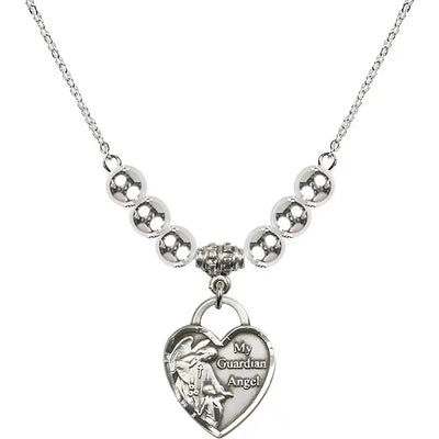 Bliss Heart Shaped Guardian Angel Sterling Silver medal, Birthstone 4mm Sterling Silver Beads