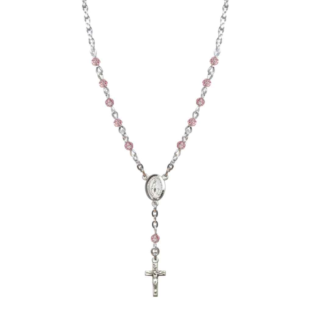 Bliss Sterling Silver Miraculous Oval Amethyst 4mm Crystal Rosary Necklace in Sterling Silver