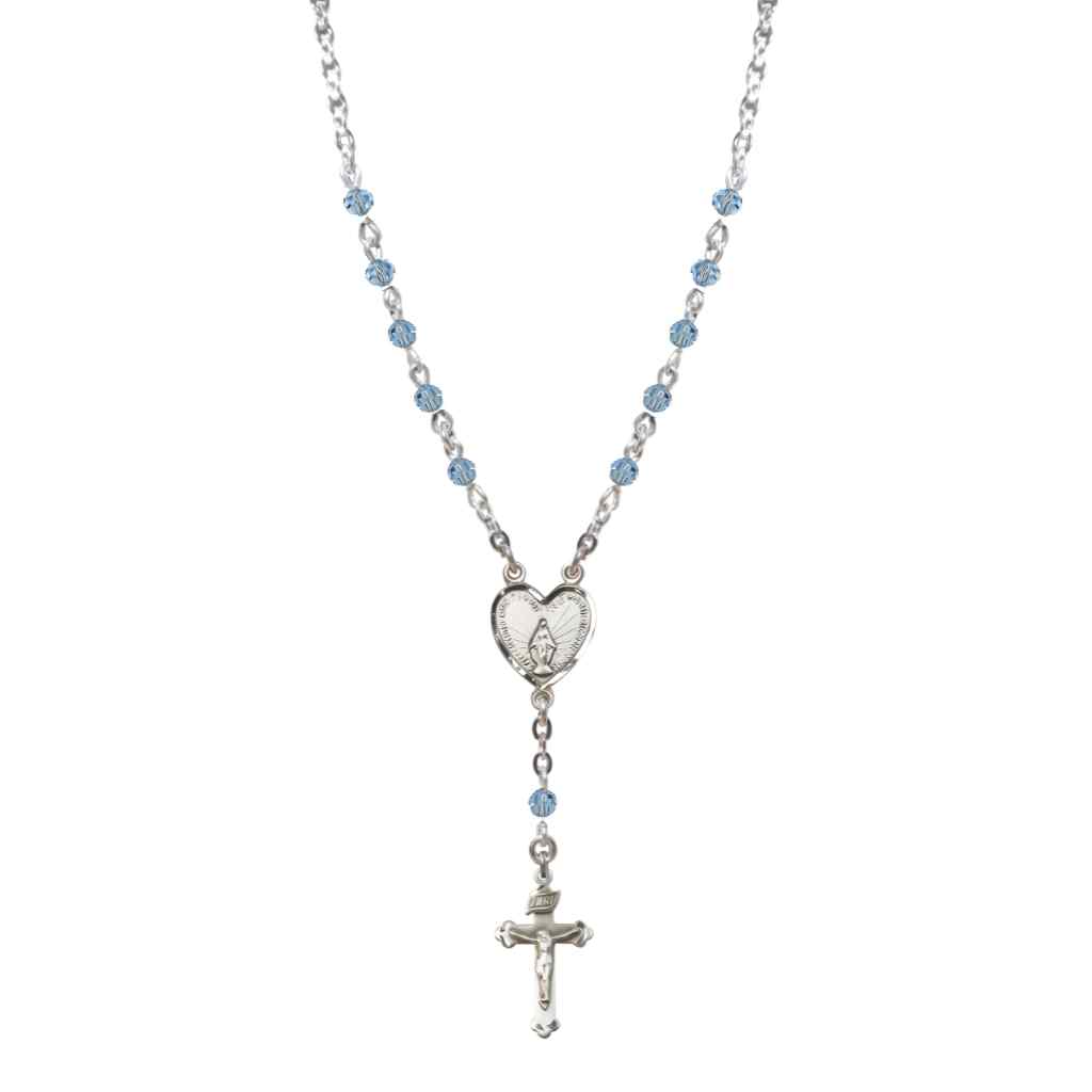 Miraculous Heart Aqua 4mm Crystal Rosary Necklace in Sterling Silver, Bliss Manufacturing