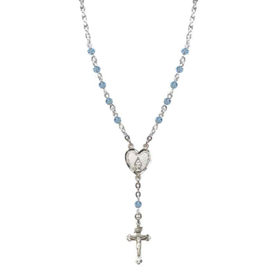 Miraculous Heart Aqua 4mm Crystal Rosary Necklace in Sterling Silver, Bliss Manufacturing