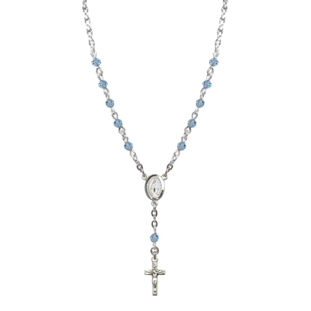 Bliss Sterling Silver Miraculous Oval Aqua 4mm Crystal Rosary Necklace in Sterling Silver