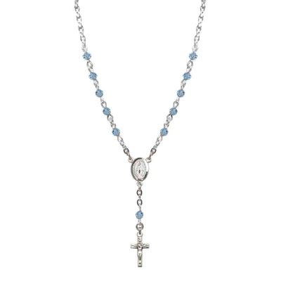 Bliss Sterling Silver Miraculous Oval Aqua 4mm Crystal Rosary Necklace in Sterling Silver