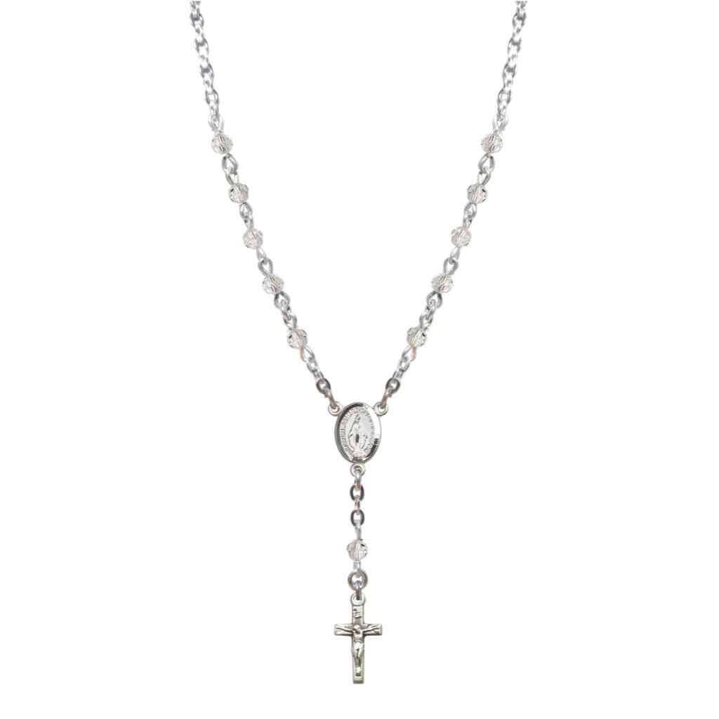 Bliss Sterling Silver Miraculous Oval Clear 4mm Crystal Rosary Necklace in Sterling Silver