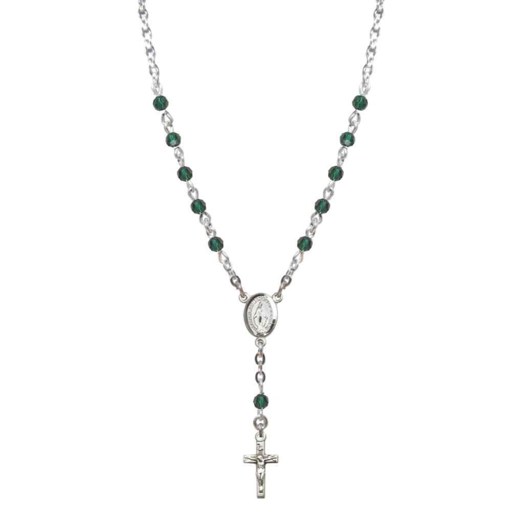 Bliss Sterling Silver Miraculous Oval Emerald 4mm Crystal Rosary Necklace in Sterling Silver