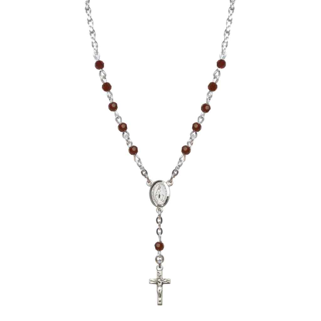 Bliss Sterling Silver Miraculous Oval Garnet 4mm Crystal Rosary Necklace in Sterling Silver