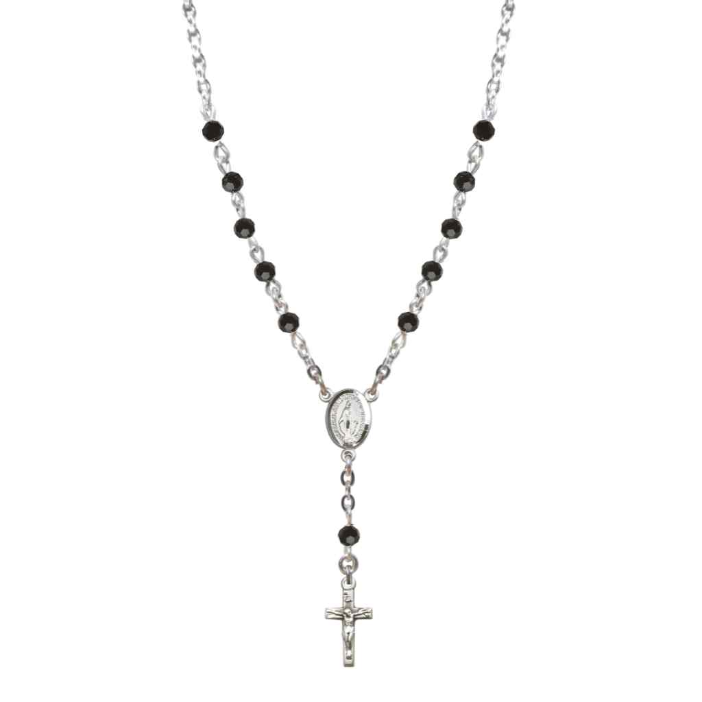 Bliss Sterling Silver Miraculous Oval Jet Black 4mm Crystal Rosary Necklace in Sterling Silver