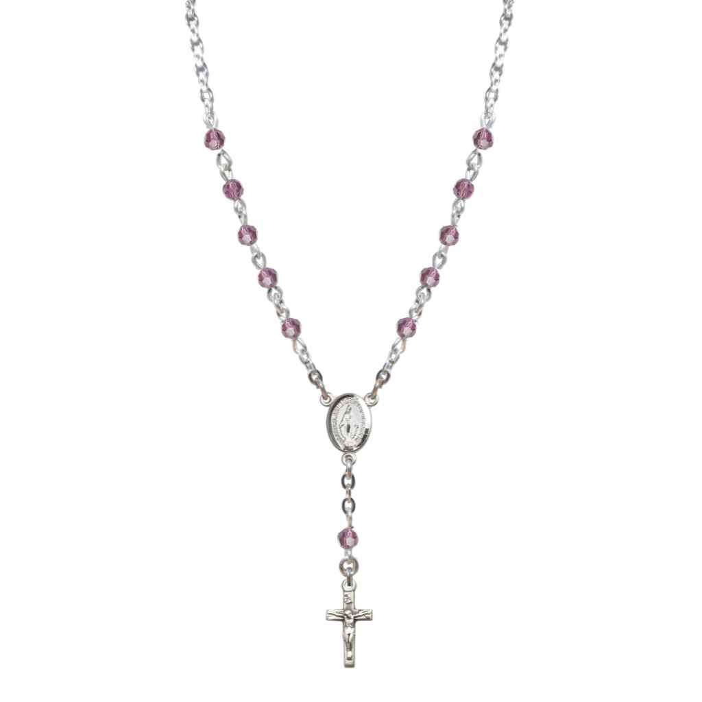 Bliss Sterling Silver Miraculous Oval Light Amethyst 4mm Crystal Rosary Necklace in Sterling Silver