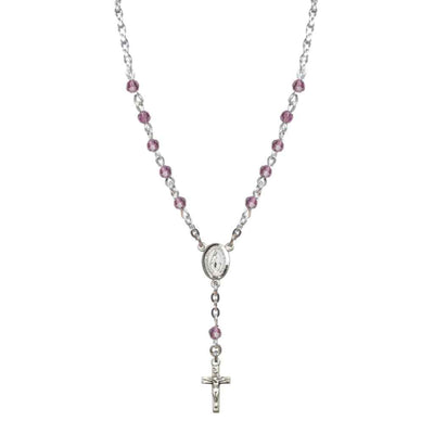 Bliss Sterling Silver Miraculous Oval Light Amethyst 4mm Crystal Rosary Necklace in Sterling Silver