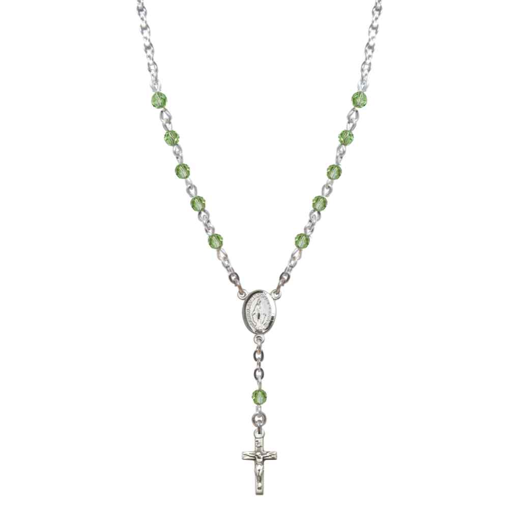 Bliss Sterling Silver Miraculous Oval Peridot 4mm Crystal Rosary Necklace in Sterling Silver