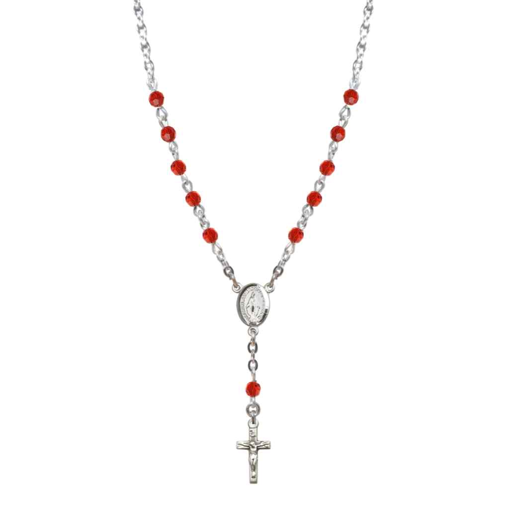 Bliss Sterling Silver Miraculous Oval Ruby 4mm Crystal Rosary Necklace in Sterling Silver