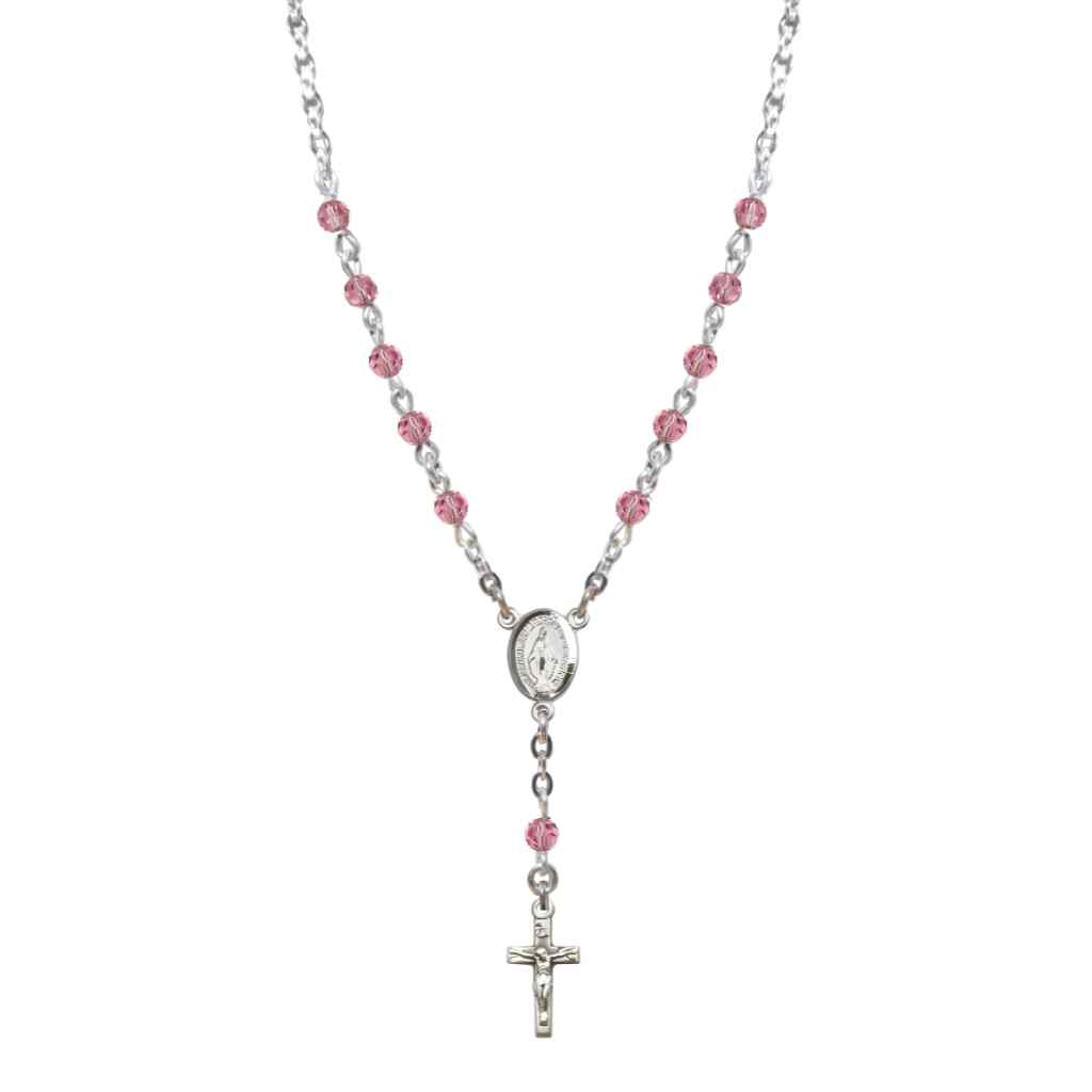 Bliss Sterling Silver Miraculous Oval Light Rose 4mm Crystal Rosary Necklace in Sterling Silver