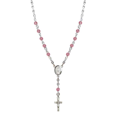 Bliss Sterling Silver Miraculous Oval Light Rose 4mm Crystal Rosary Necklace in Sterling Silver