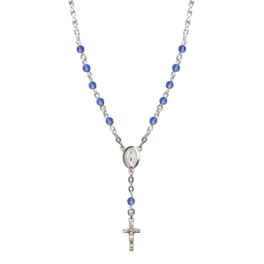 Bliss Sterling Silver Miraculous Oval Sapphire 4mm Crystal Rosary Necklace in Sterling Silver