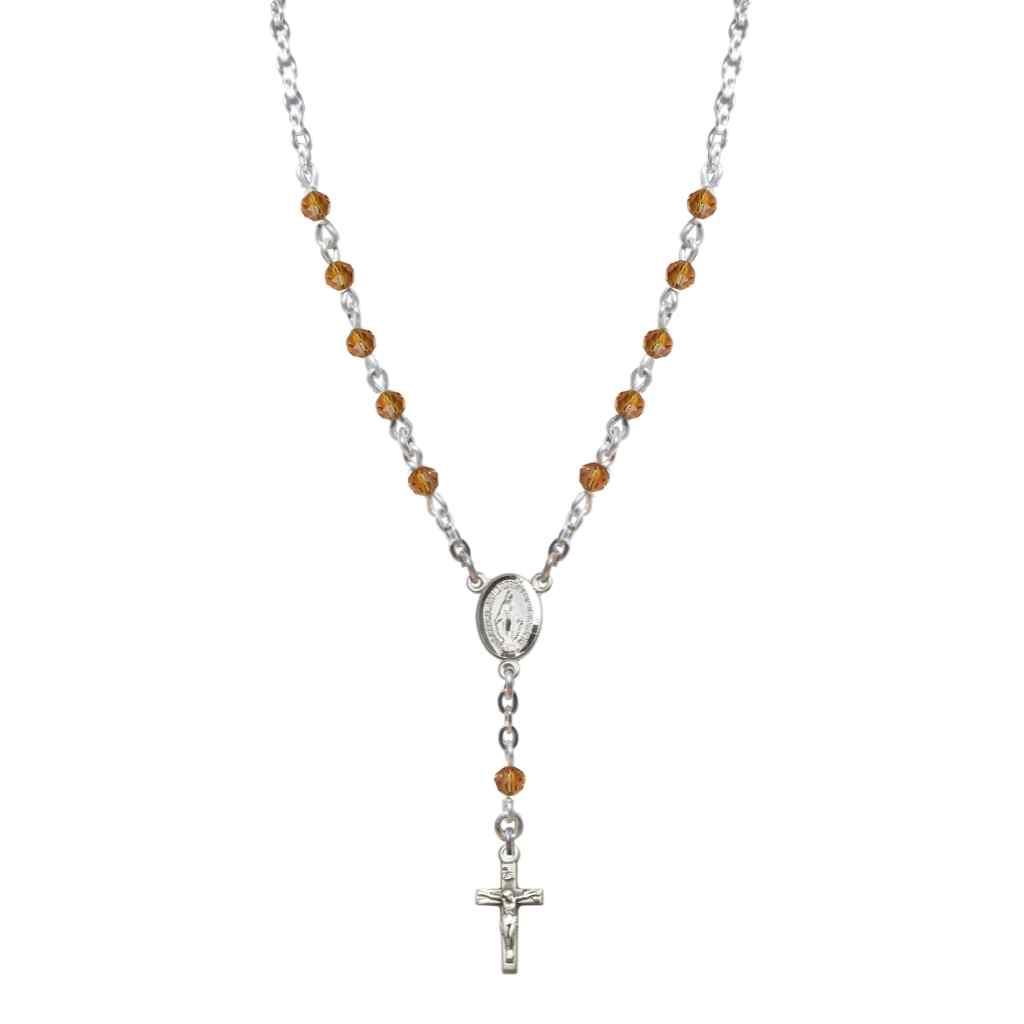 Bliss Sterling Silver Miraculous Oval Topaz 4mm Crystal Rosary Necklace in Sterling Silver