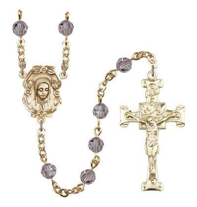 Handmade Gold-plated Rosary with Madonna Centerpiece, Scroll Design Crucifix and Light Amethyst 6mm Round Austrian Crystal beads, Bliss Manufacturing