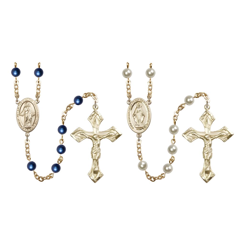 Bliss Scapular His & Her Wedding 14kt Gold Rosary Set, 6mm Austrian Crystal Dark Blue Pearl Beads and 6mm Austrian Crystal Creamrose Pearl Beads.