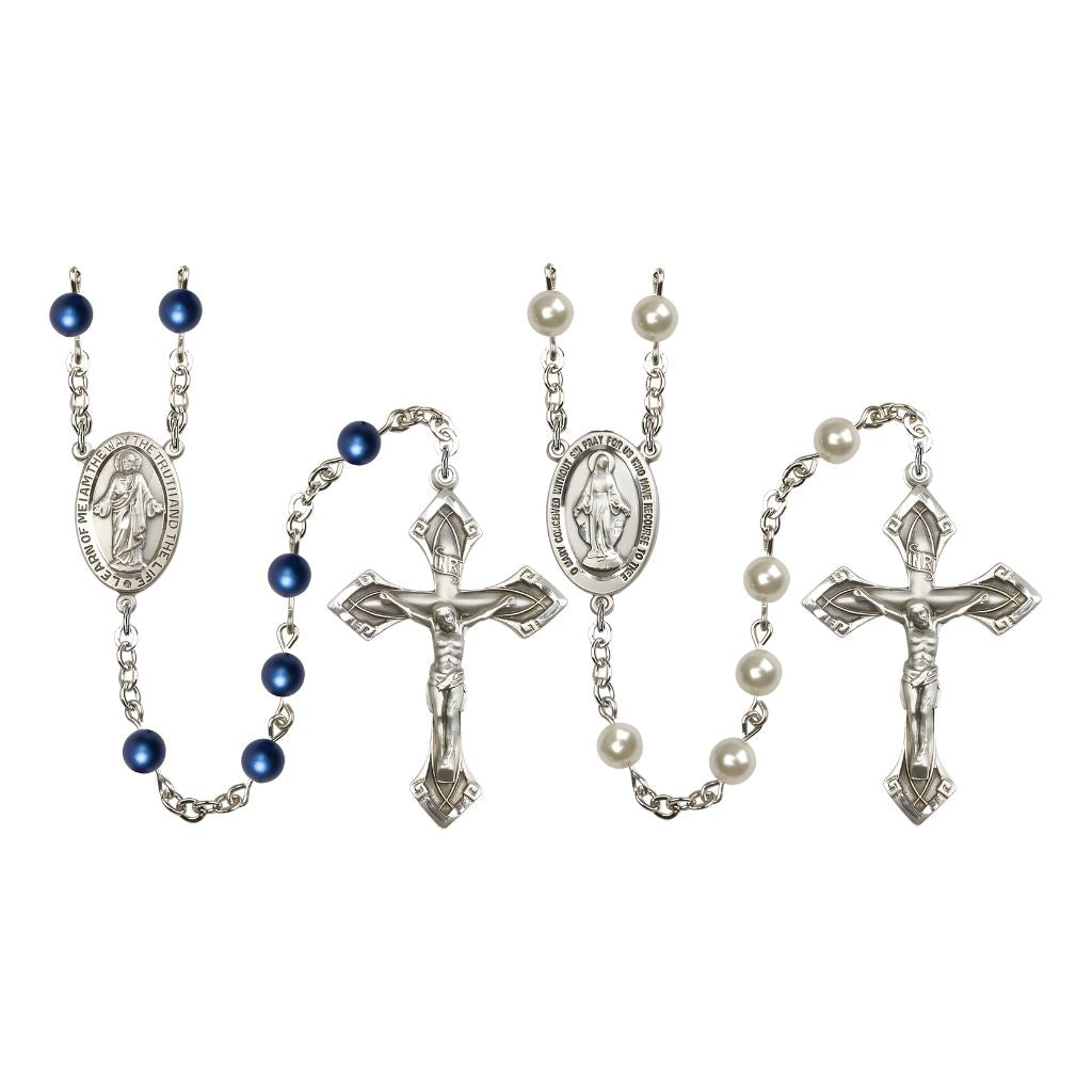 Bliss Scapular His & Her Wedding Sterling Silver Rosary Set, 6mm Austrian Crystal Dark Blue Pearl Beads and 6mm Austrian Crystal Creamrose Pearl Beads