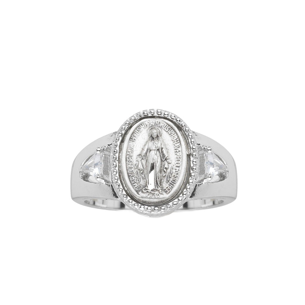 HMH Trillion-cut Cubic Zirconia Sterling Silver Miraculous Medal Ring