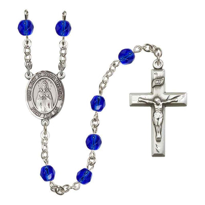 Our Lady of Rosa Mystica Rosary with Pewter Small Crucifix and Centerpiece, Birthstone 6mm Fire Polished Sapphire Beads for September