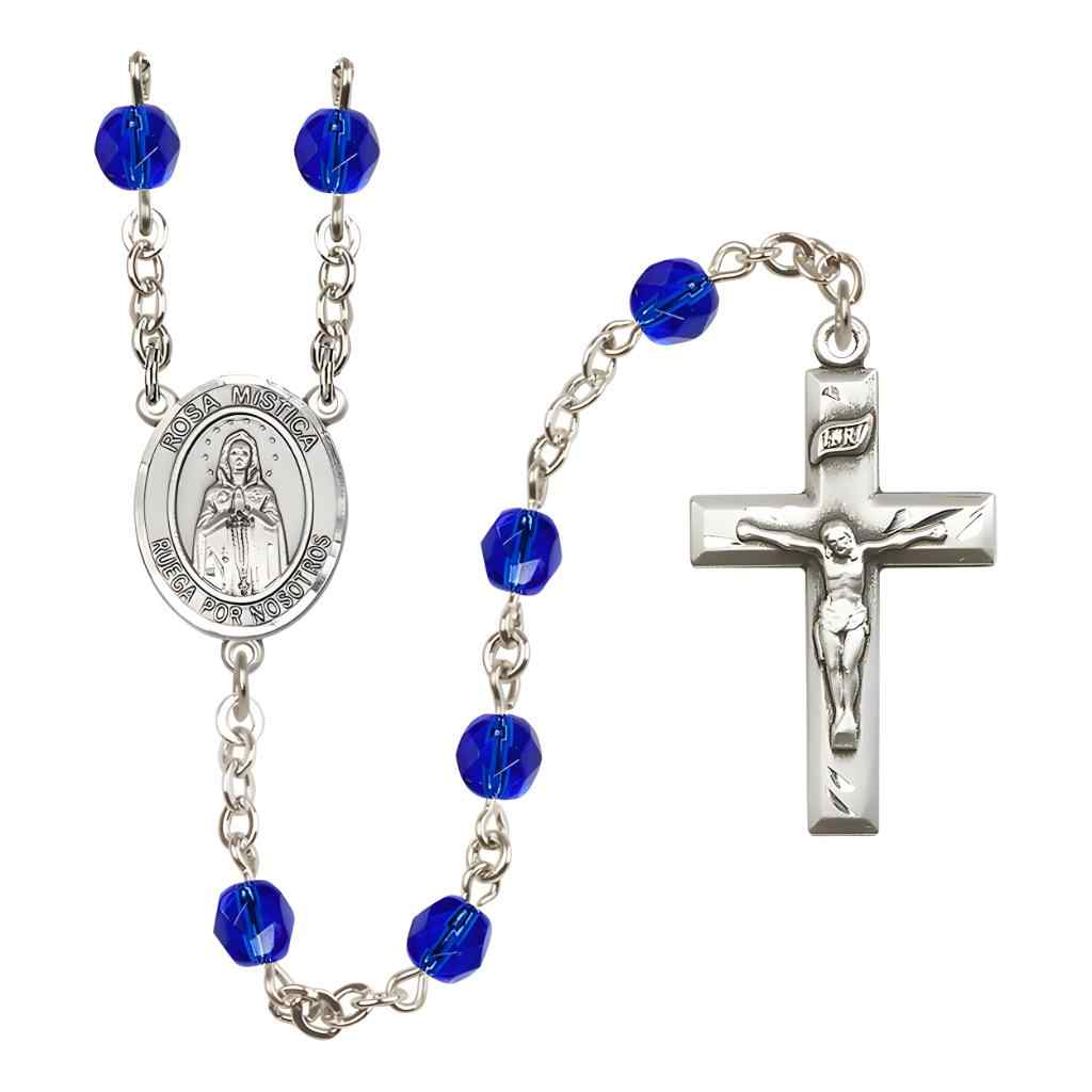 Spanish Rosa Mystica Rosary with 14kt Gold Traditional Crucifix and Centerpiece, Birthstone 6mm Austrian Crystal Sapphire Beads for September