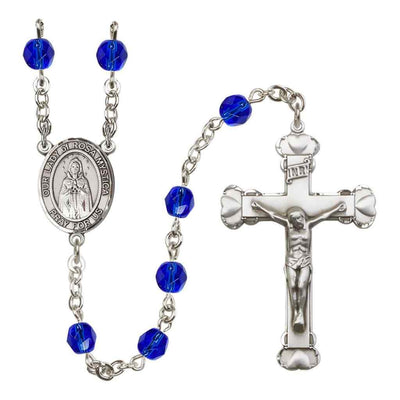 Our Lady of Rosa Mystica Rosary with Pewter Heart Crucifix and Centerpiece, Birthstone 6mm Fire Polished Sapphire Beads for September