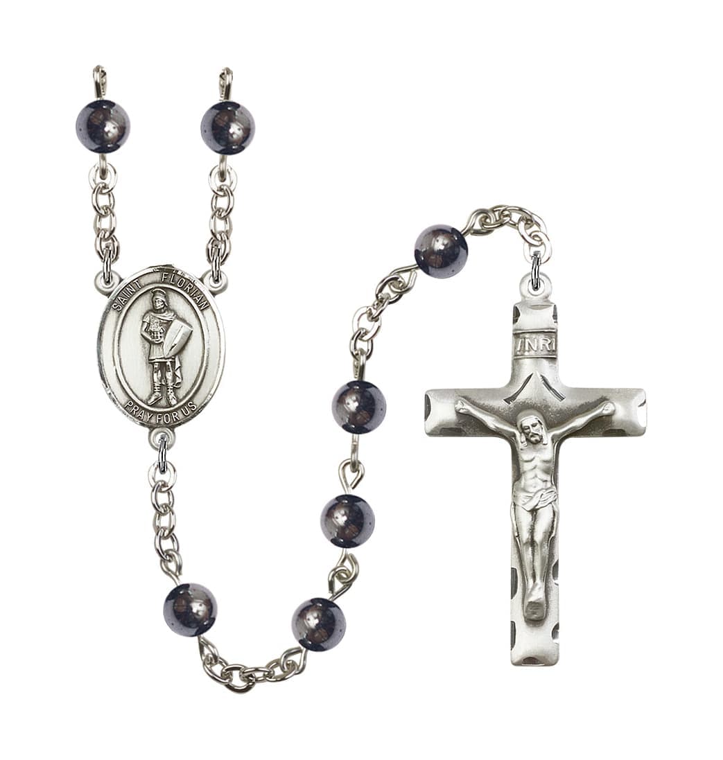 Bliss St Florian 6mm Hematite Bead Silver-Plated Rosary,