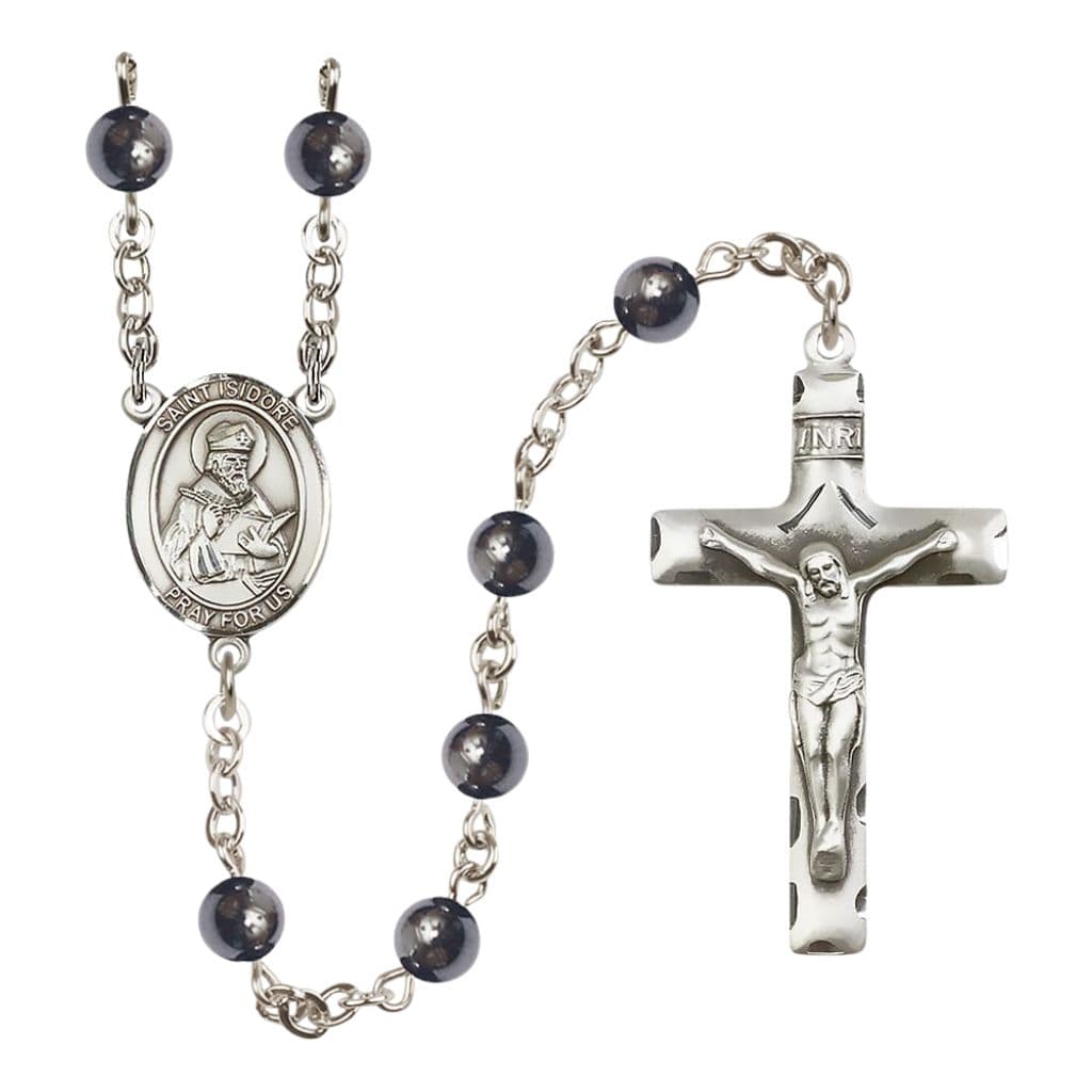 Bliss St. Fidelis of Sigmaringen 6mm Hematite Bead Catholic Rosary with Pewter Centerpiece and Crucifix