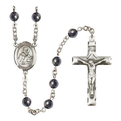 St. Isidore of Seville 6mm Hematite Bead Catholic Rosary with Pewter Centerpiece and Crucifix, Bliss Manufacturing