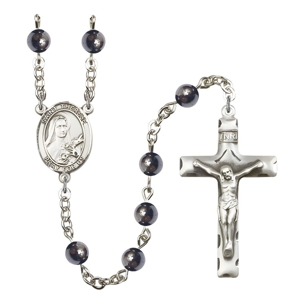 Bliss St. Therese of Lisieux 6mm Hematite Bead Silver-plated Rosary with Pewter Crucifix and Centerpiece