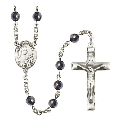 St. Therese of Lisieux 6mm Hematite Bead Silver-plated Rosary with Pewter Crucifix and Centerpiece, Bliss Manufacturing