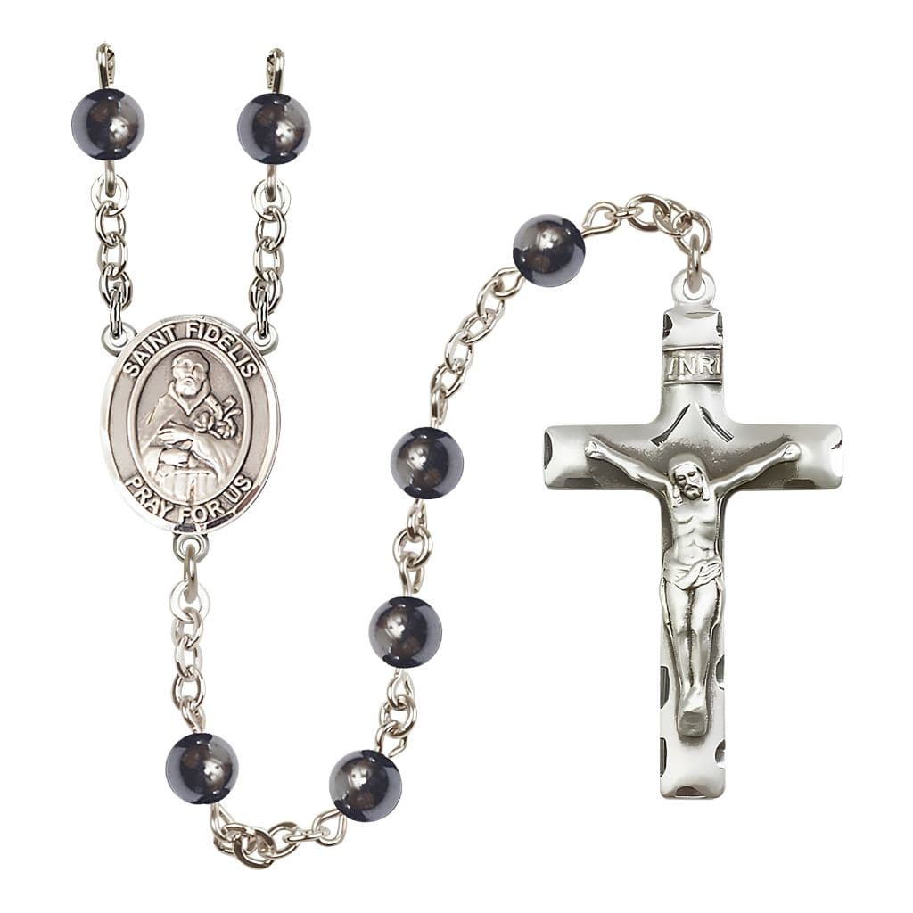Bliss St. Fidelis of Sigmaringen 6mm Hematite Bead Catholic Rosary with Pewter Centerpiece and Crucifix