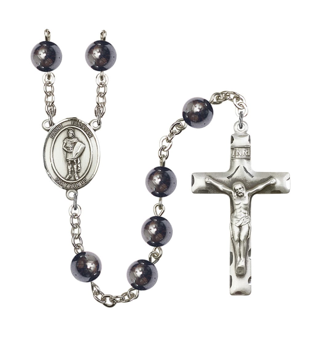 Bliss St Florian 8mm Hematite Bead Silver-Plated Rosary,