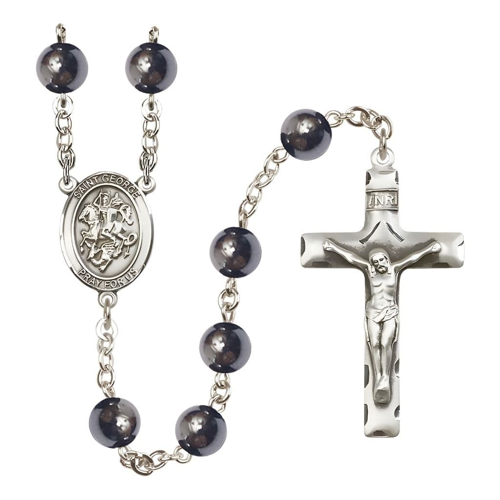 Bliss St. George 8mm Hematite Silver-plated Catholic Rosary with Pewter Centerpiece and Crucifix