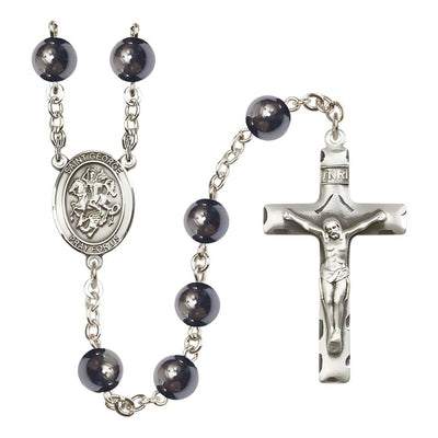 St. George 8mm Hematite Silver-plated Catholic Rosary with Pewter Centerpiece and Crucifix, Bliss Manufacturing