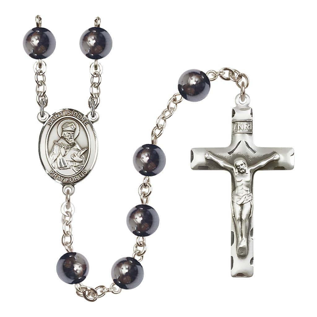 Bliss St. Fidelis of Sigmaringen 8mm Hematite Silver-plated Catholic Rosary with Pewter Centerpiece and Crucifix