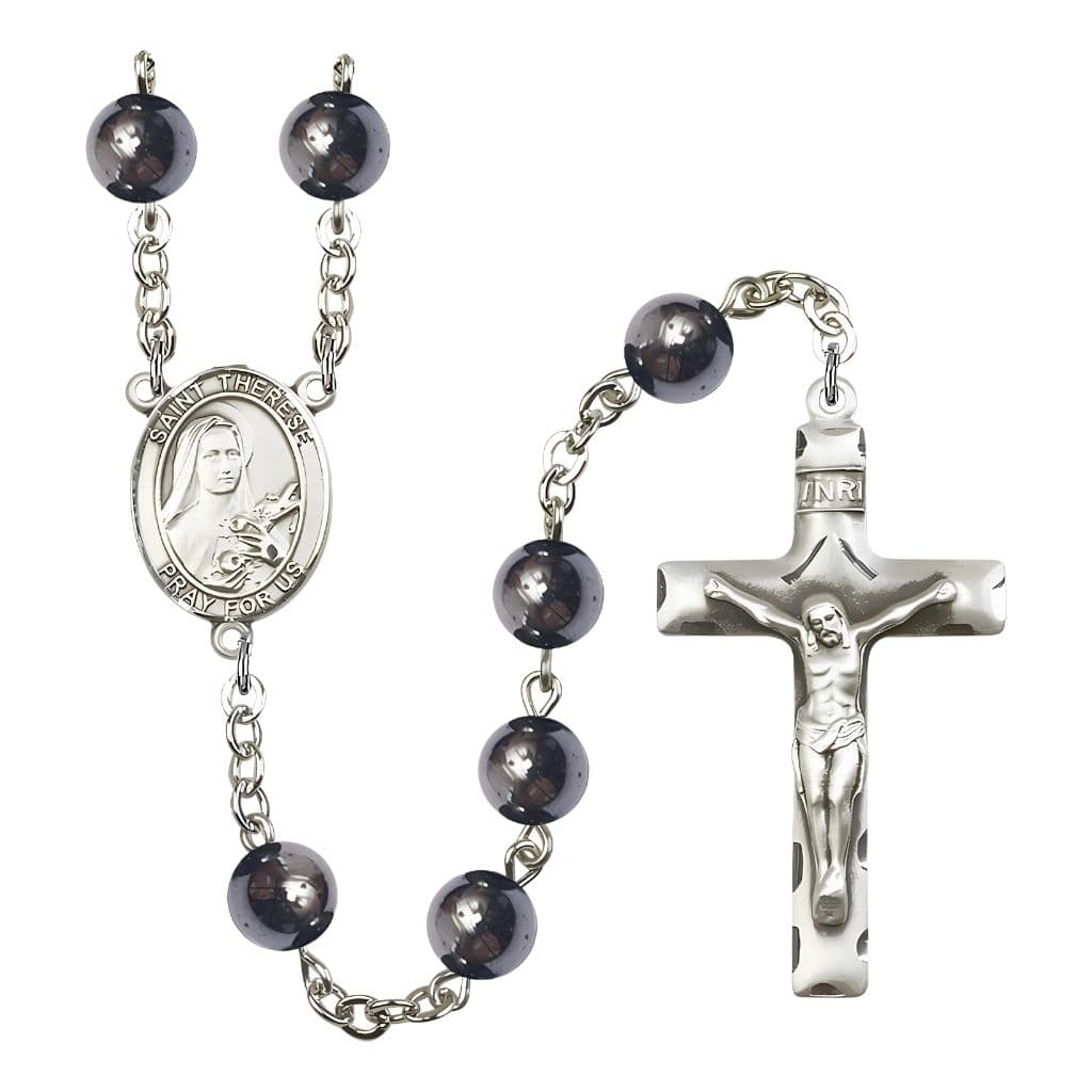 Bliss St. Therese of Lisieux 8mm Hematite Bead Silver-plated Rosary with Pewter Crucifix and Centerpiece