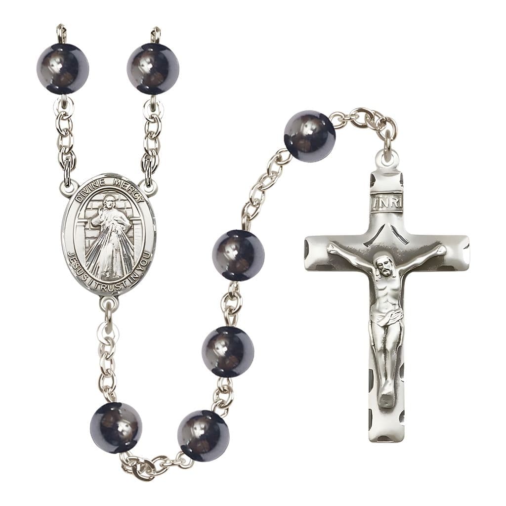 Bliss Jesus Divine Mercy 8mm Hematite Silver-plated Catholic Rosary with Pewter Centerpiece and Crucifix